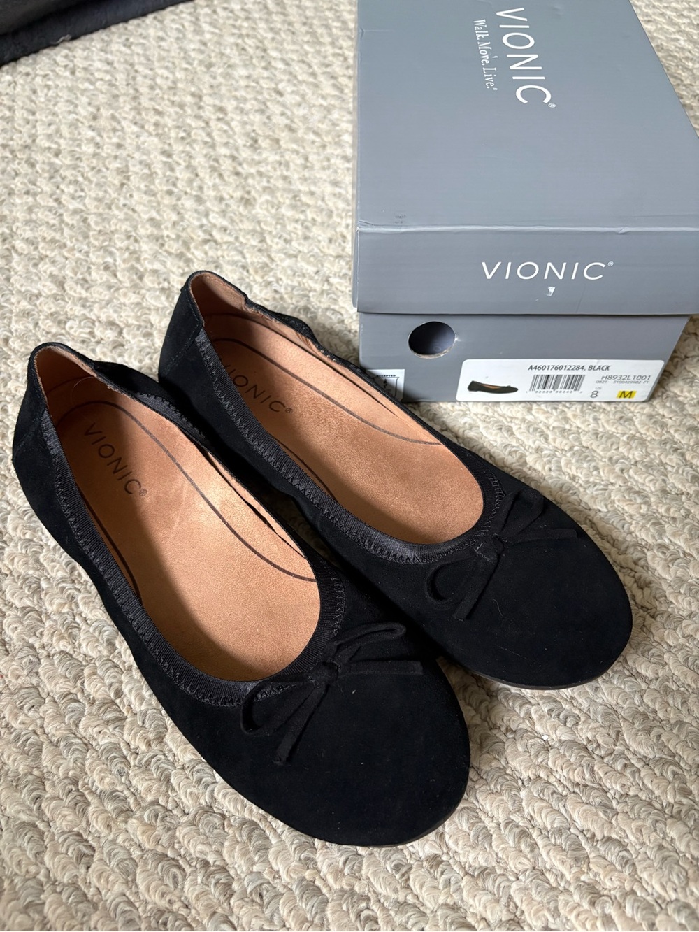 Vionic Black Suede Ballet Flats with Bow Size 8 NIB